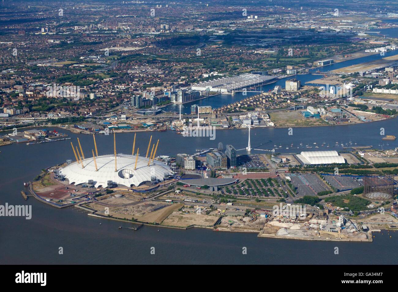 Aerial view of London City Airport and O2 Arena, London, England, UK, GB Stock Photo