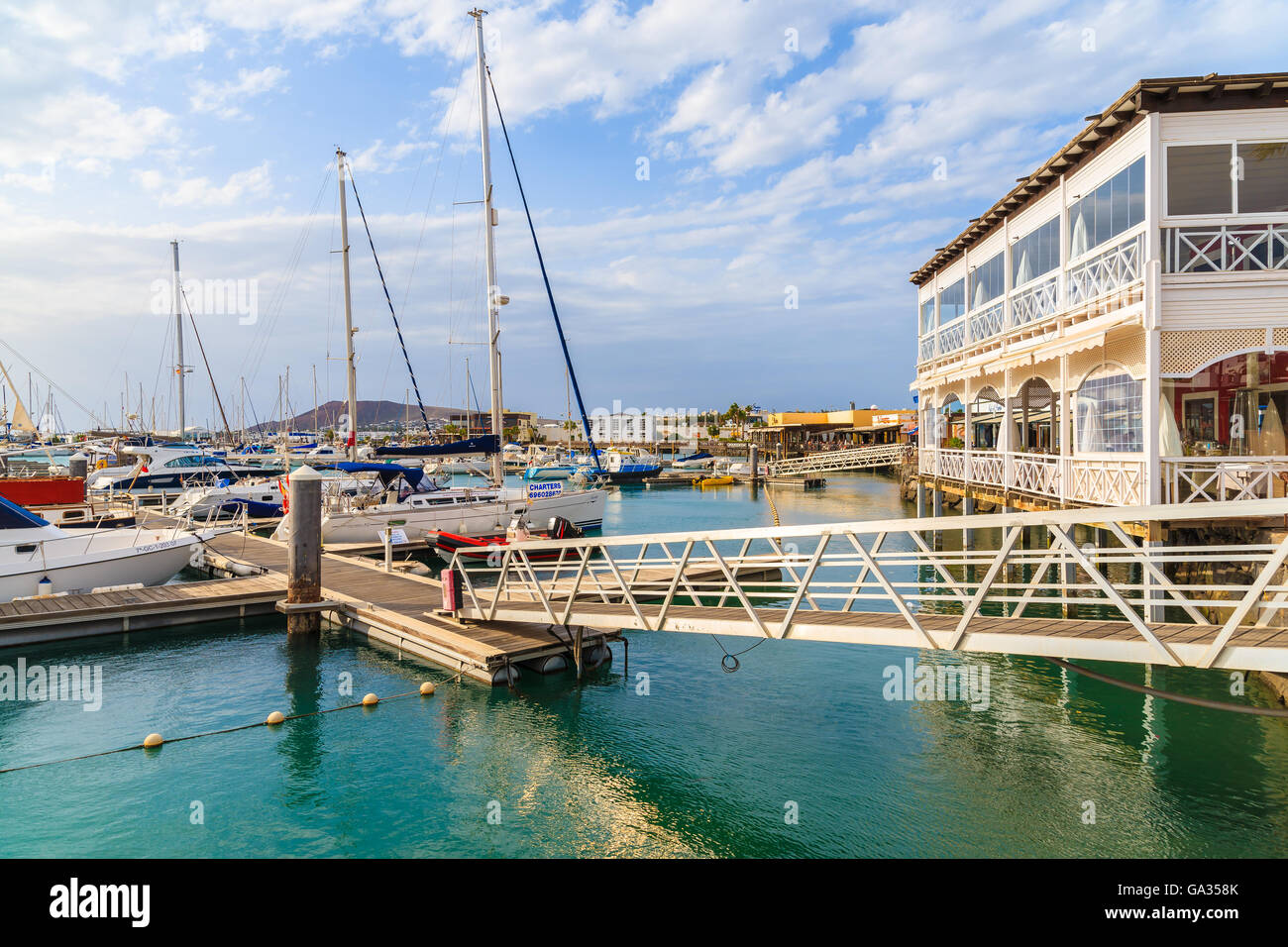 MARINA RUBICON, LANZAROTE ISLAND JAN 11, 2015 restaurant and pier in