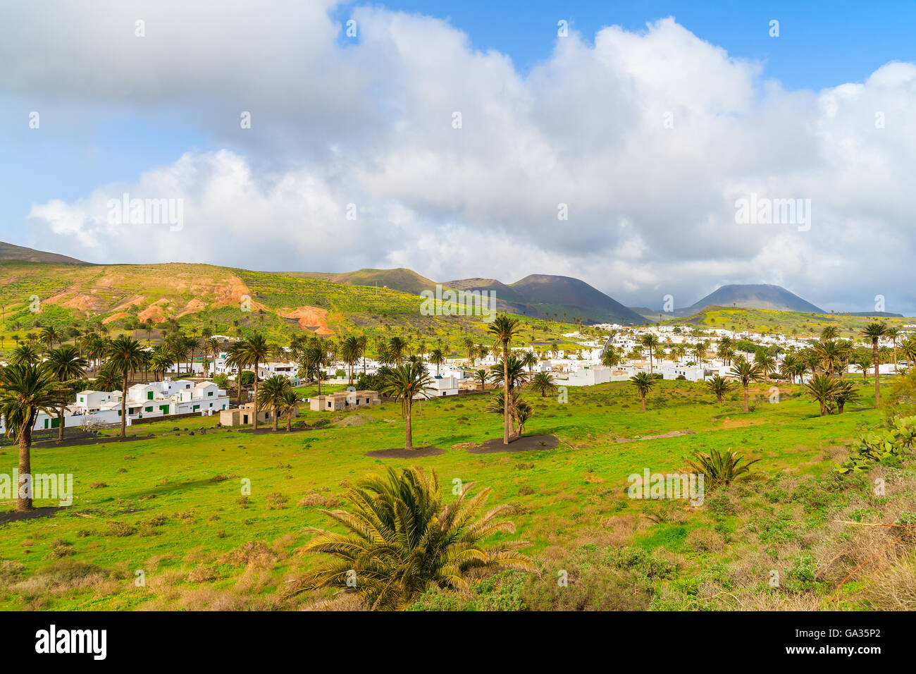 Haria village in tropical mountain landscape of Lanzarote island, Spain Stock Photo