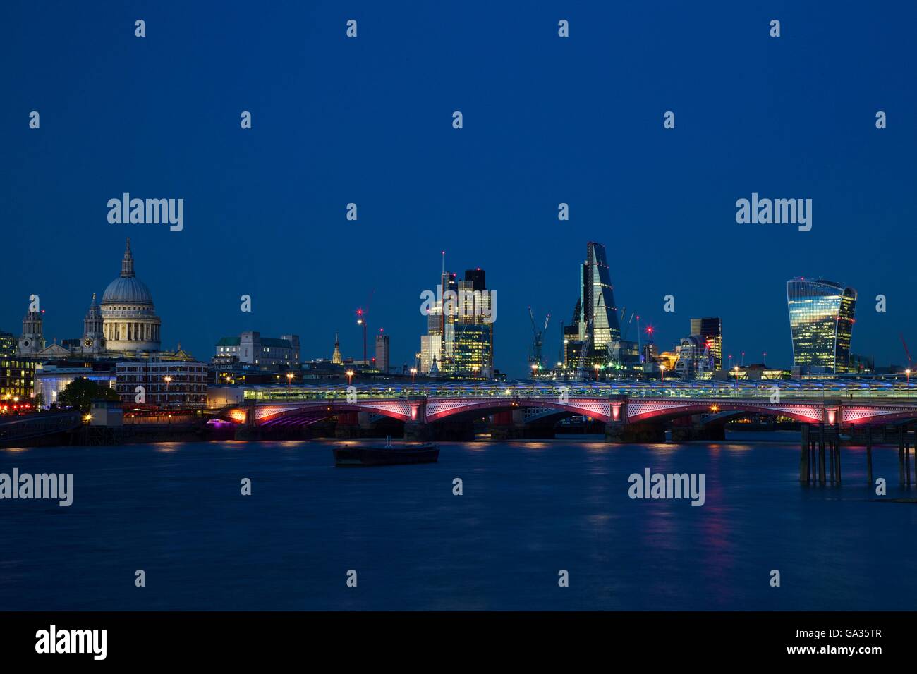 St Paul's Cathedral,Walkie-talkie, Cheesegrater  Blackfriars Bridge and River Thames at dusk, taken from South Bank Stock Photo