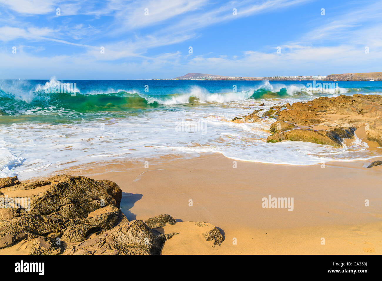 Ocean wave on Papagayo sandy beach, Lanzarote, Canary Islands, Spain Stock Photo