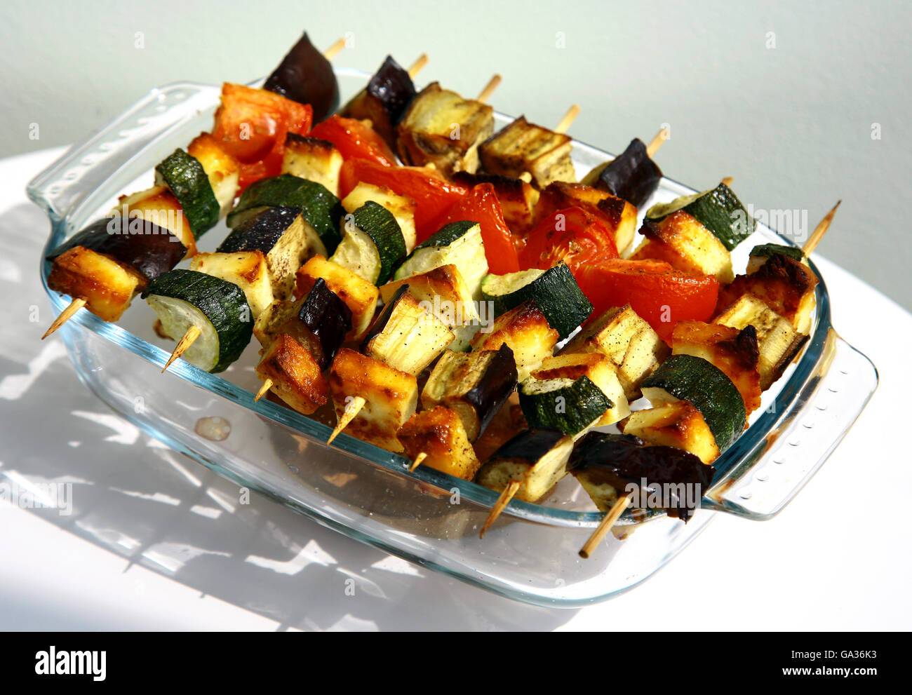 Grilled vegetables on wooden skewers Stock Photo