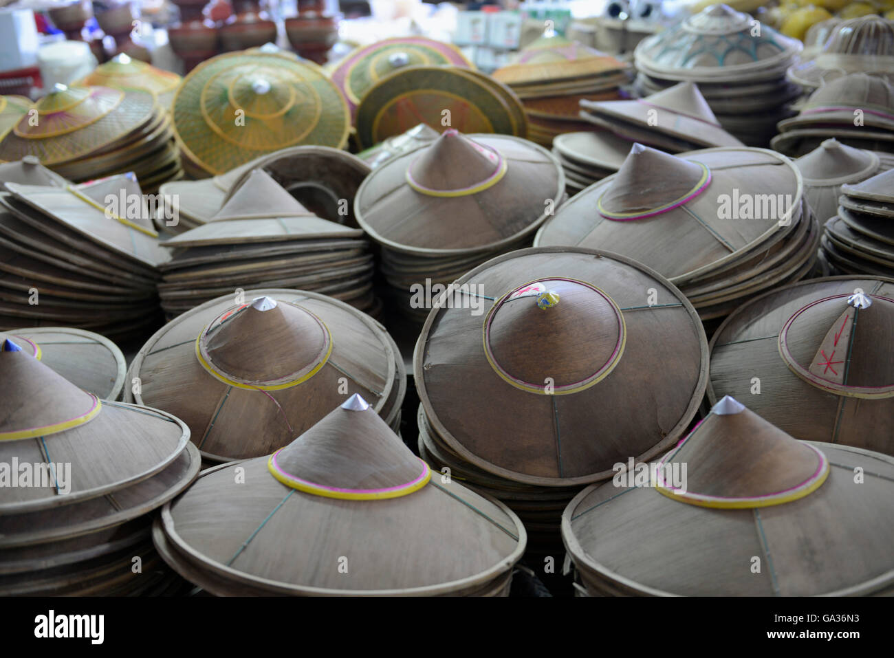 a hat market in the market the city of  Mae Hong Son in the north provinz of Mae Hong Son in the north of Thailand in Southeasta Stock Photo