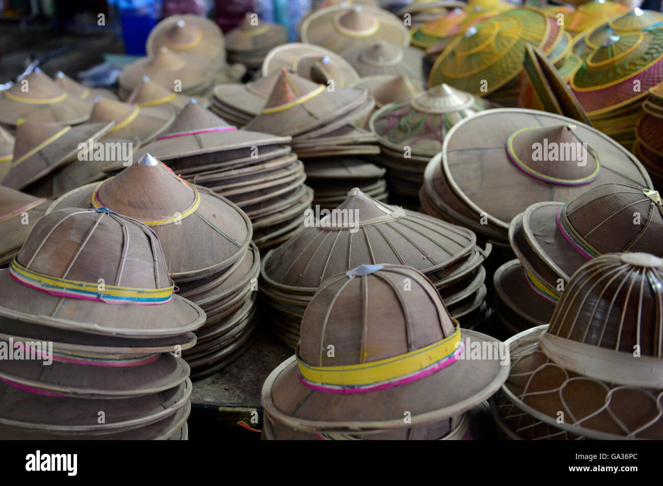 a hat market in the market the city of  Mae Hong Son in the north provinz of Mae Hong Son in the north of Thailand in Southeasta Stock Photo