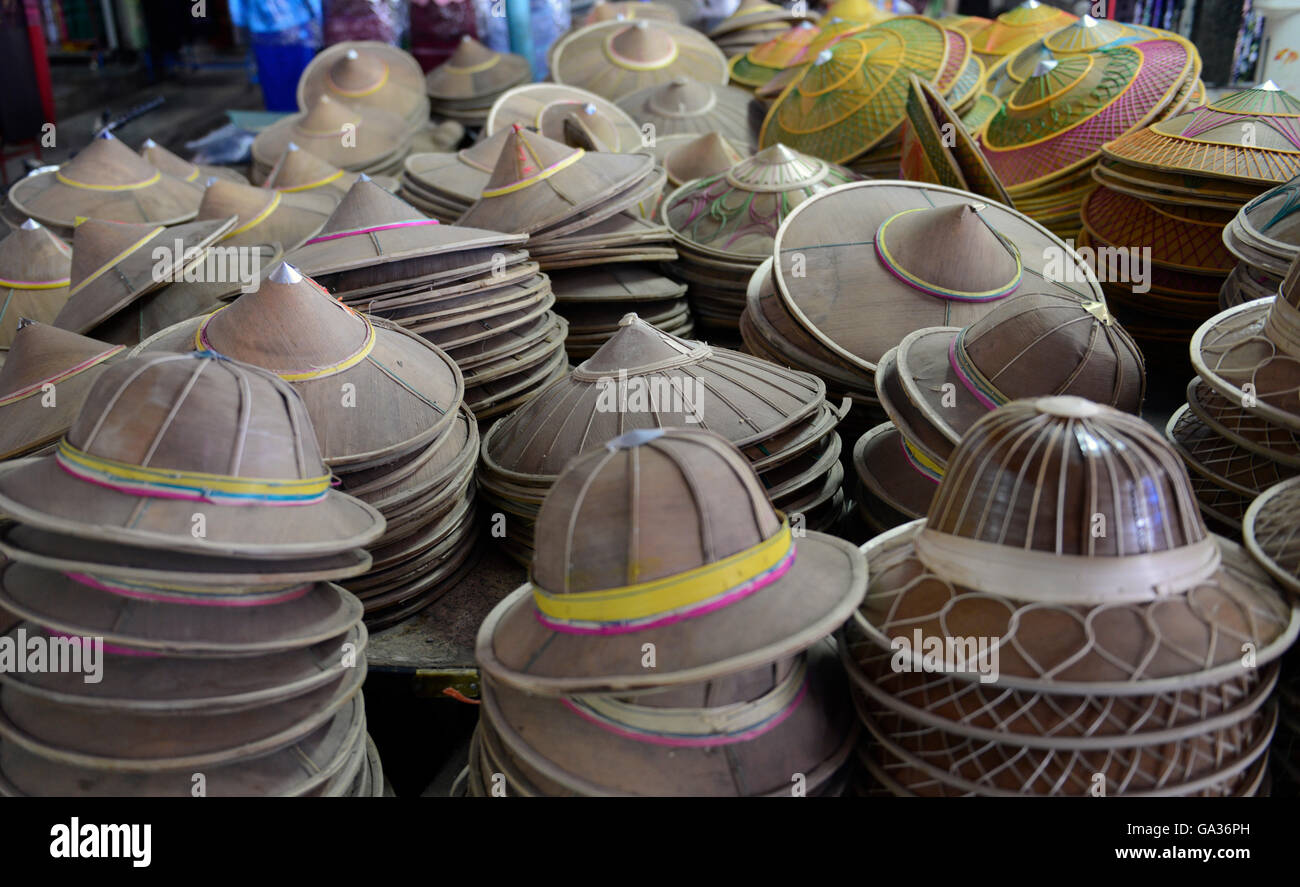 a hat market in the market the city of  Mae Hong Son in the north provinz of Mae Hong Son in the north of Thailand in Southeasta Stock Photo