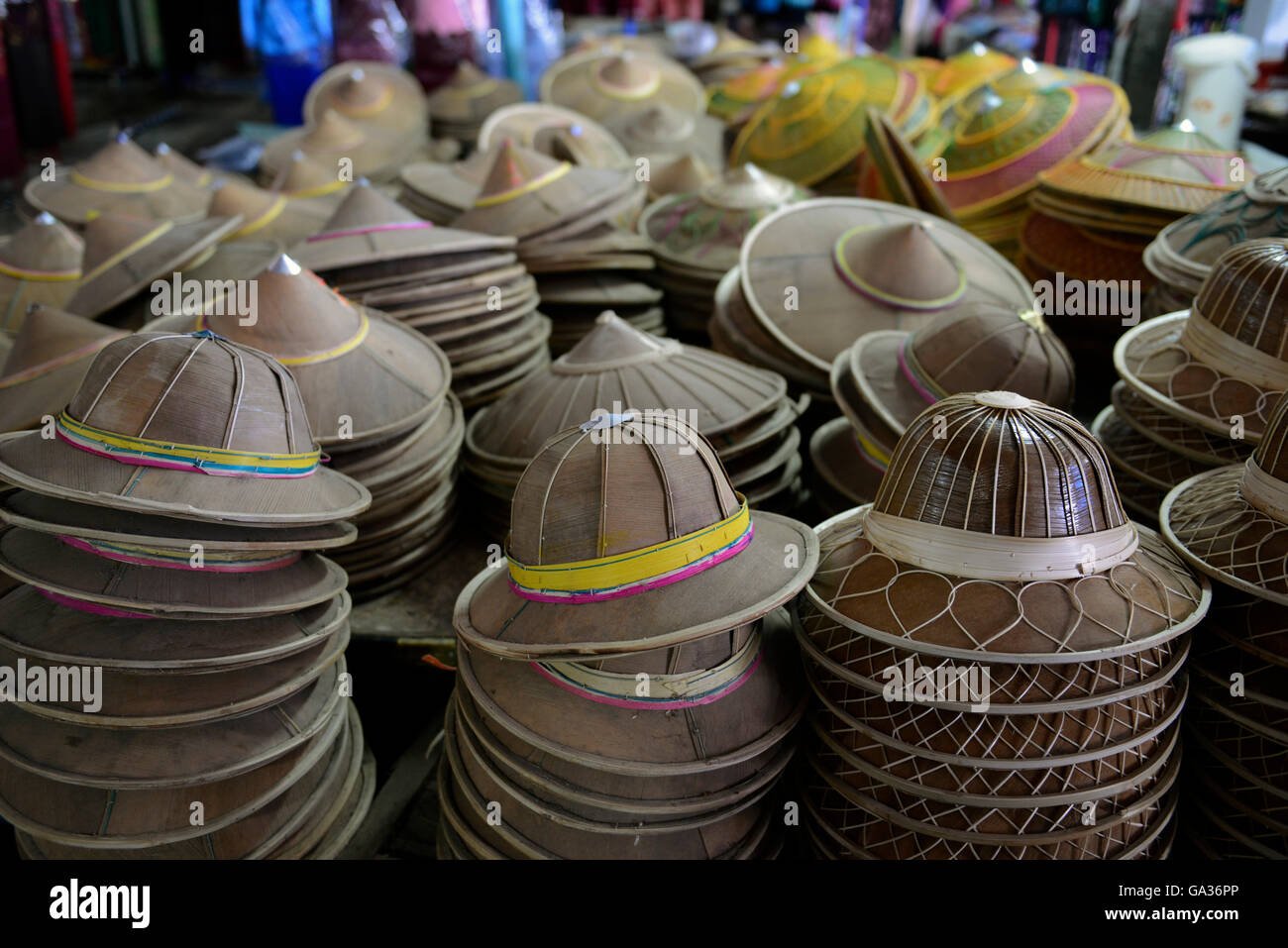 a hat market in the market the city of  Mae Hong Son in the north provinz of Mae Hong Son in the north of Thailand in Southeasta Stock Photo
