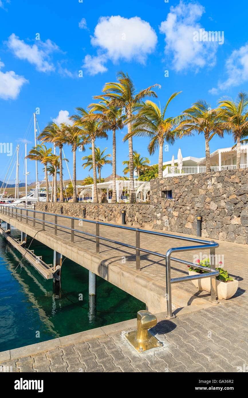 Caribbean style port with tall palm trees in Puerto Calero, Lanzarote island, Spain Stock Photo
