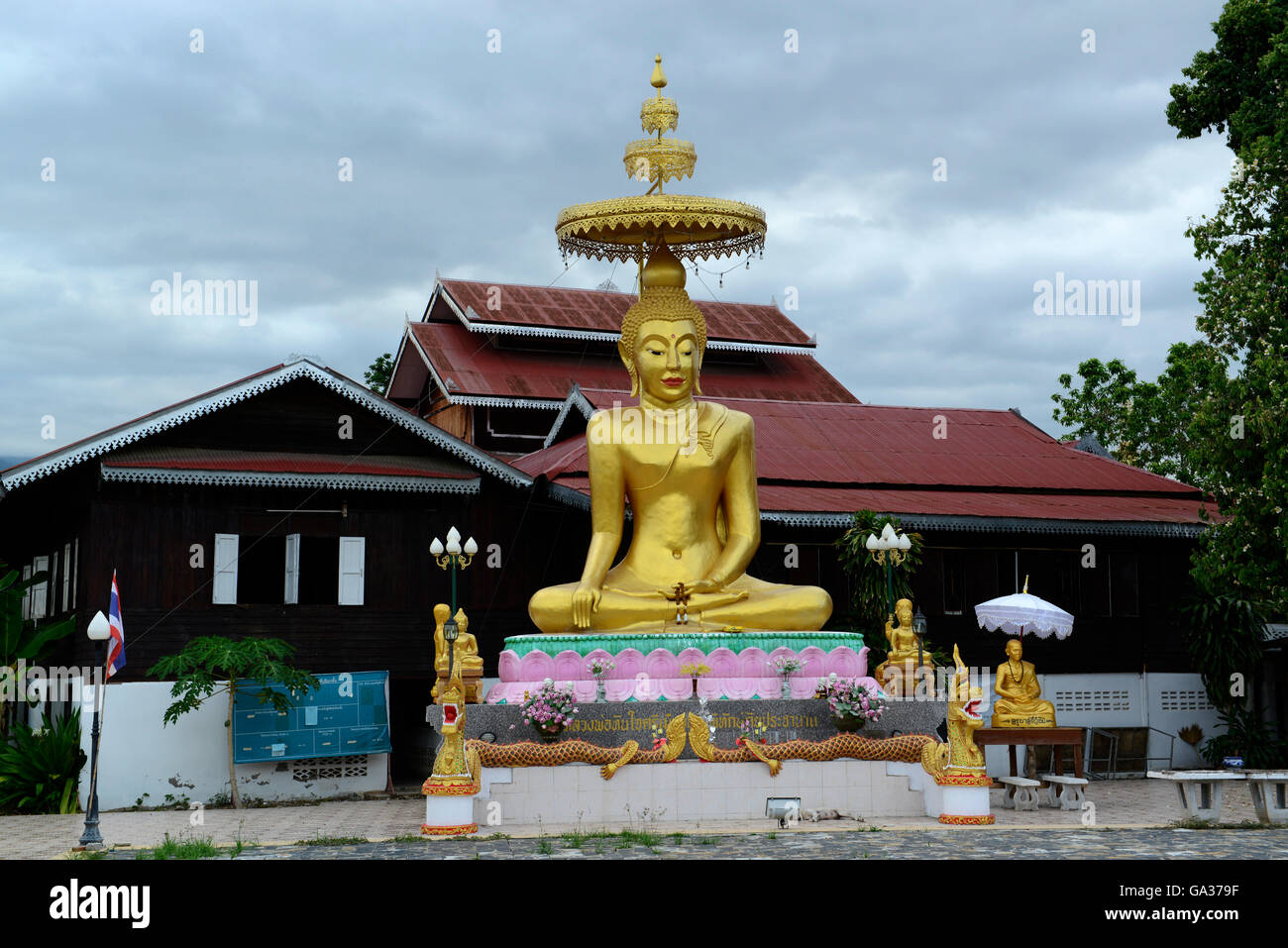 a temple in the village of  Pai in the north provinz of Mae Hong Son in the north of Thailand in Southeastasia. Stock Photo