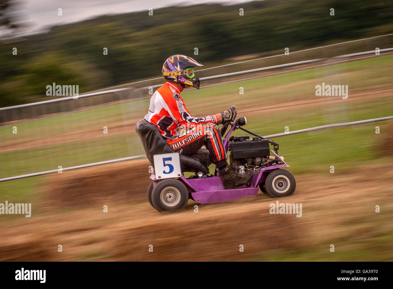 The annual 12-hour lawnmower race at Brinsbury Agricultural College in southern England. Stock Photo