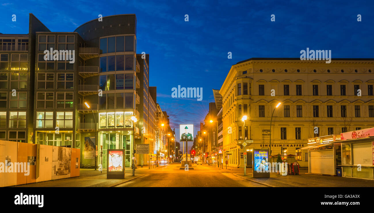 Night View of Checkpoint Charlie, Berlin Stock Photo