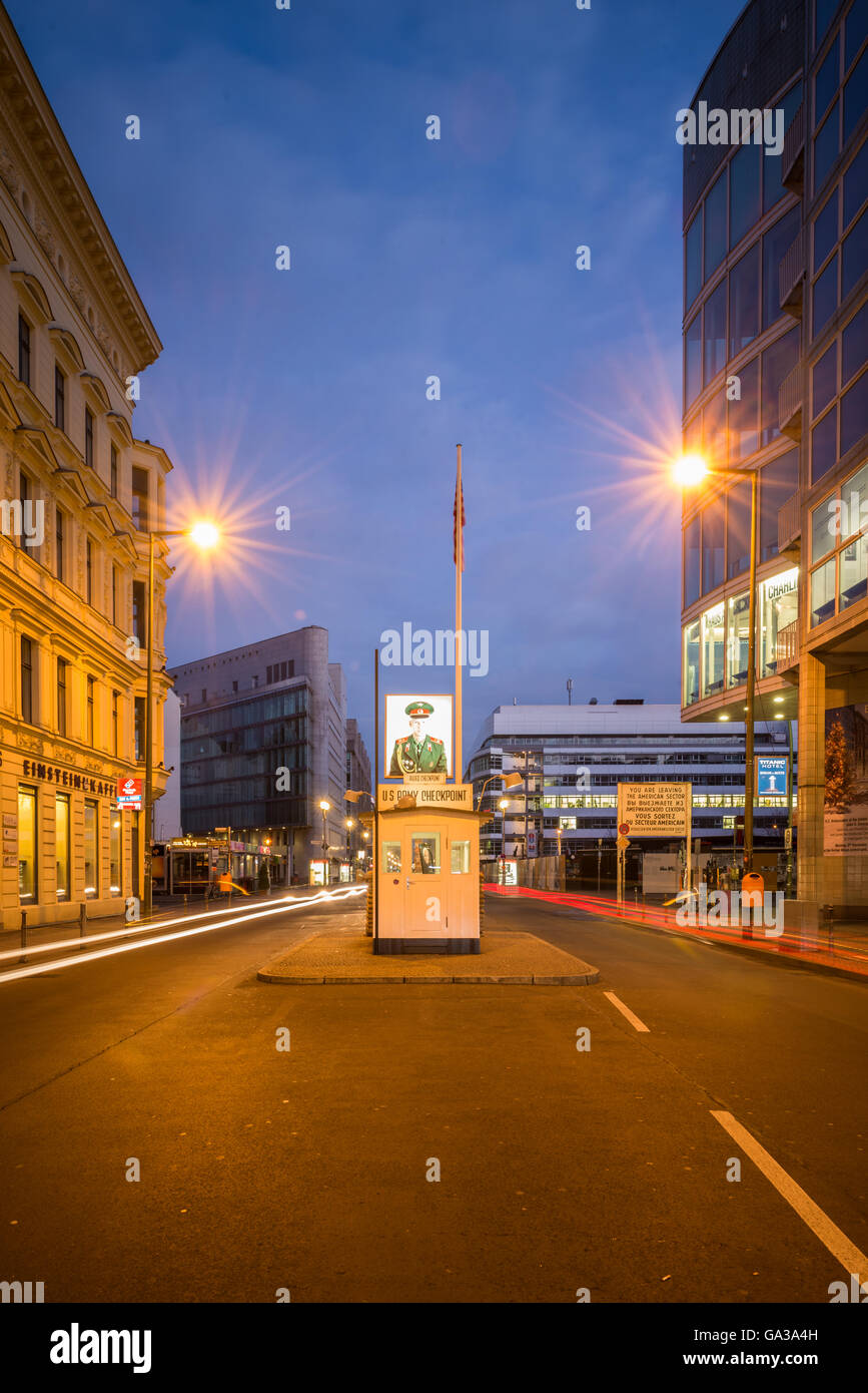 Night View of Checkpoint Charlie, Berlin Stock Photo
