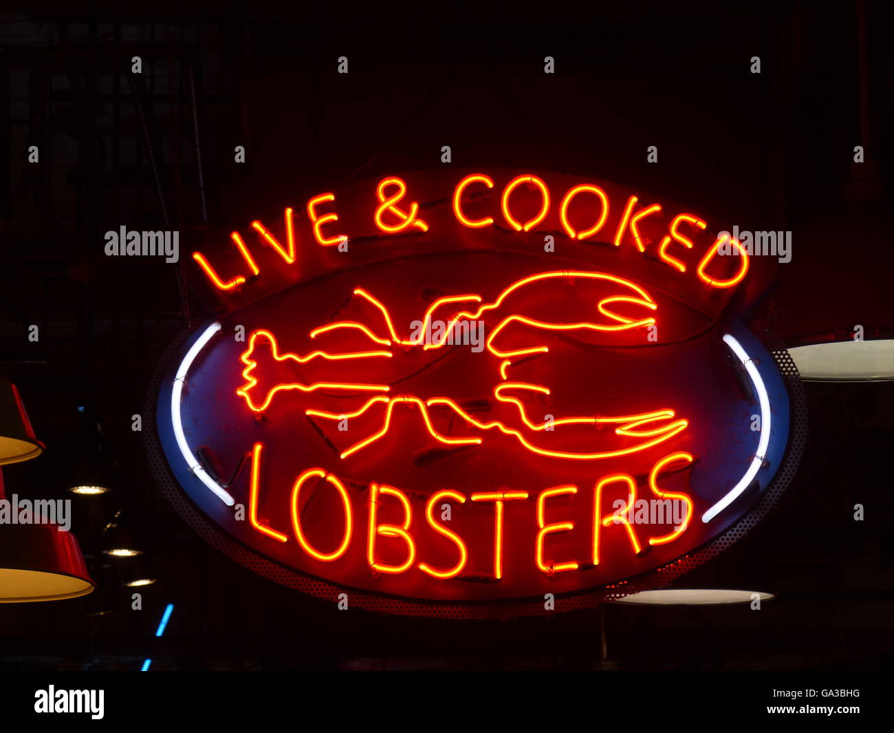 neon signs restaurants and stands Reading Market Philadelphia Stock