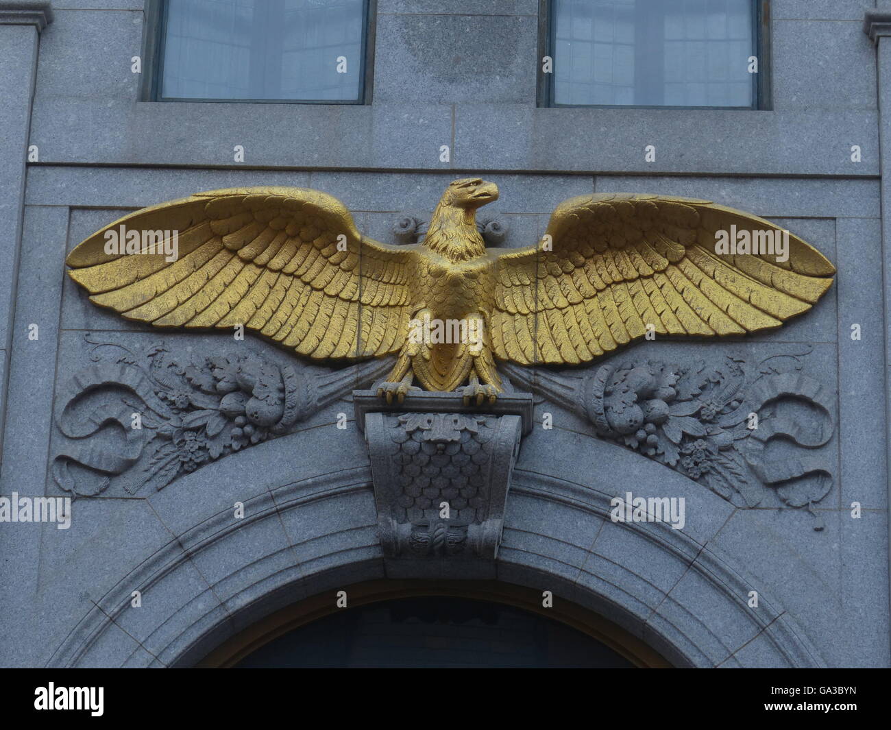 American Eagle sculpture rest on facade of office building,Philadelphia,Pa. Stock Photo