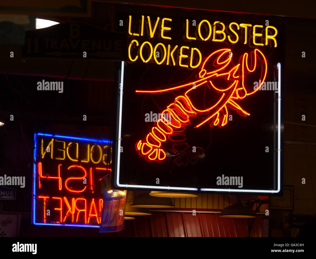 neon signs restaurants and stands Reading Market Philadelphia Stock