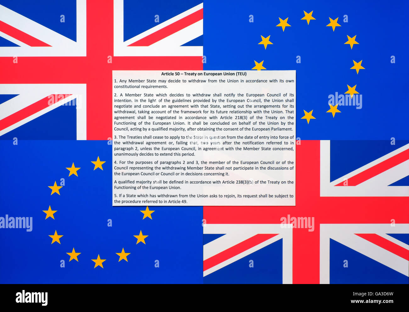european and british union flags with the lisbon treaty article 50 Stock Photo