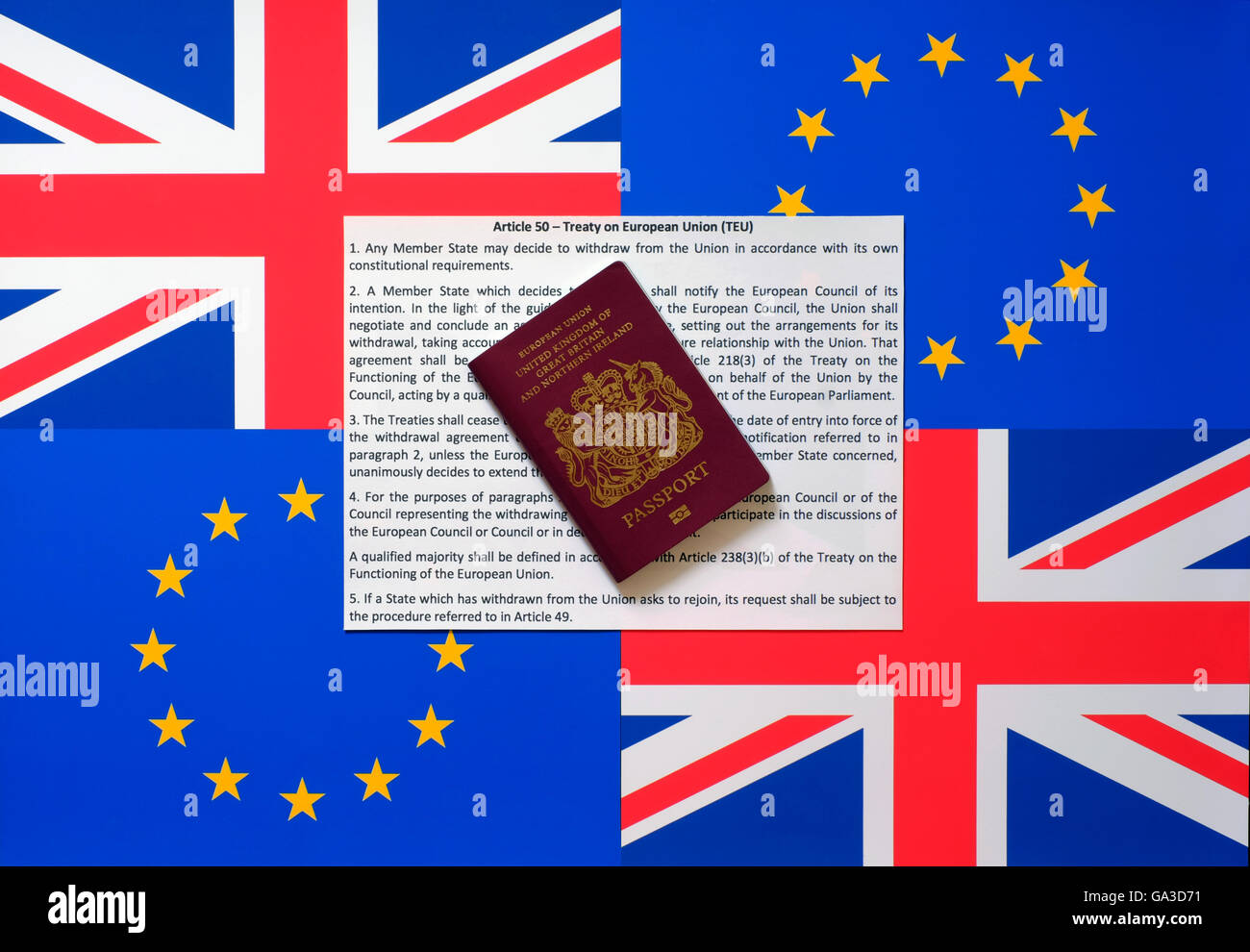 european and british union flags with the lisbon treaty article 50 and a british passport Stock Photo