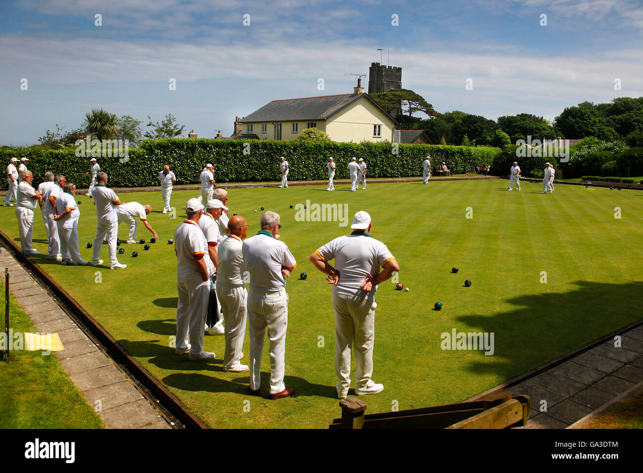 Players enjoying a match at Stoke Fleming Bowls Club in Devon, UK Stock