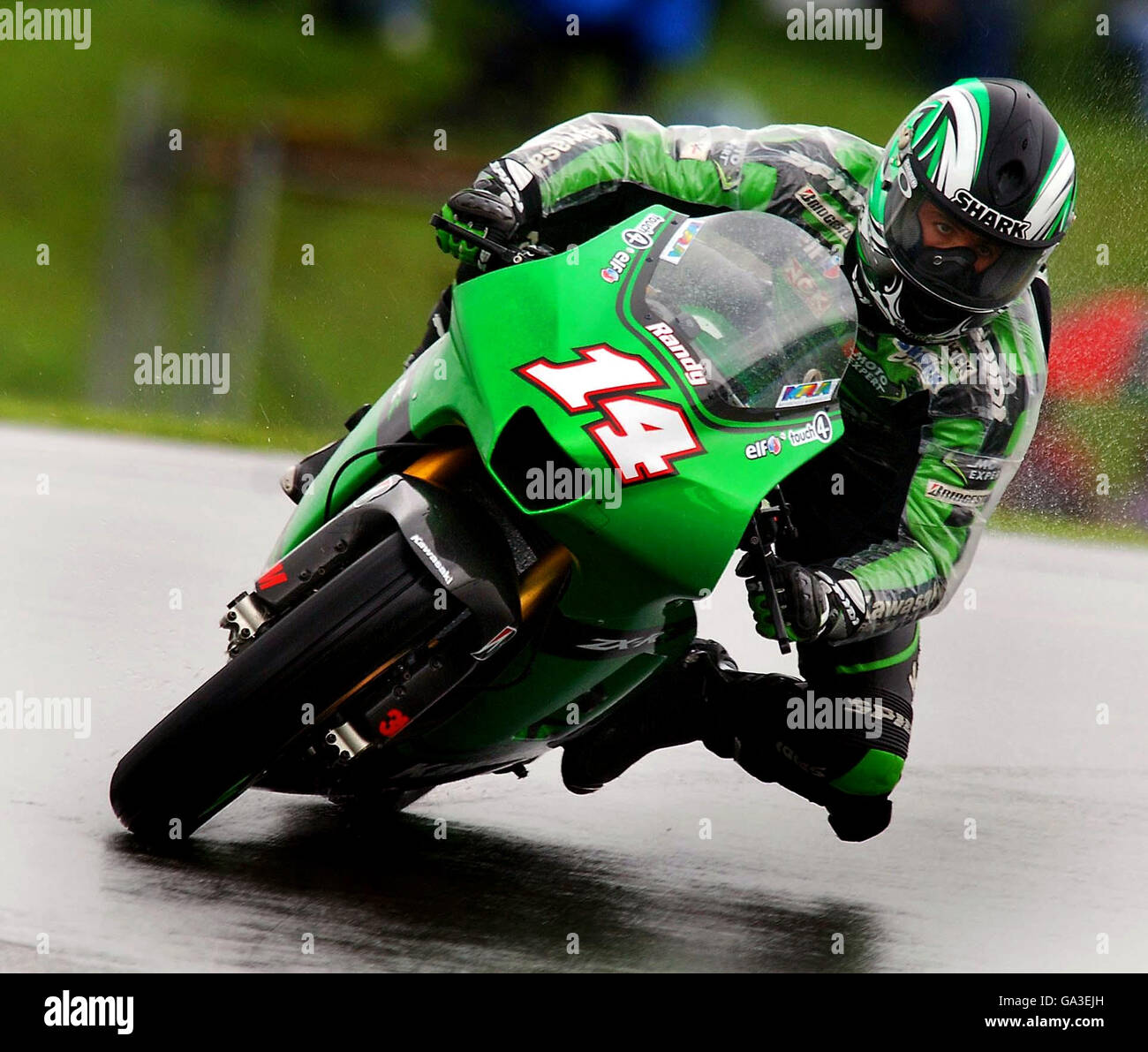 French Moto GP Kawasaki rider Randy De Puniet during a wet practice session  at Donington Park, Castle Donington Stock Photo - Alamy