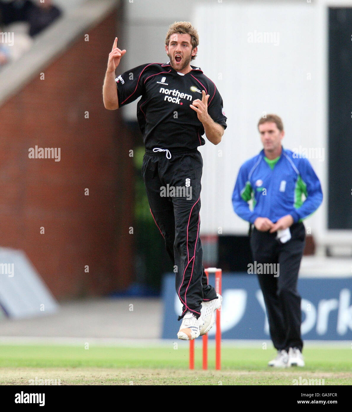 Durham Dynamos Liam Plunkett celebrates taking the wicket of Lancashire Lightning's Stuart Law during the Twenty20 Cup Northern Section match at Old Trafford Cricket Ground, Manchester. Stock Photo