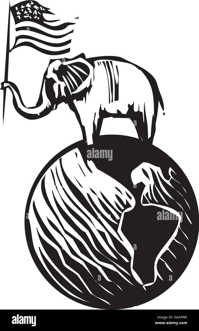 Woodcut Style image of an Elephant waving an American flag on top of the earth Stock Vector