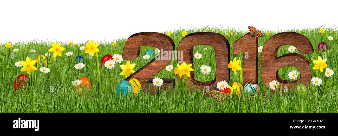 wooden 2016 lettering in easter meadow isolated on white background Stock Photo