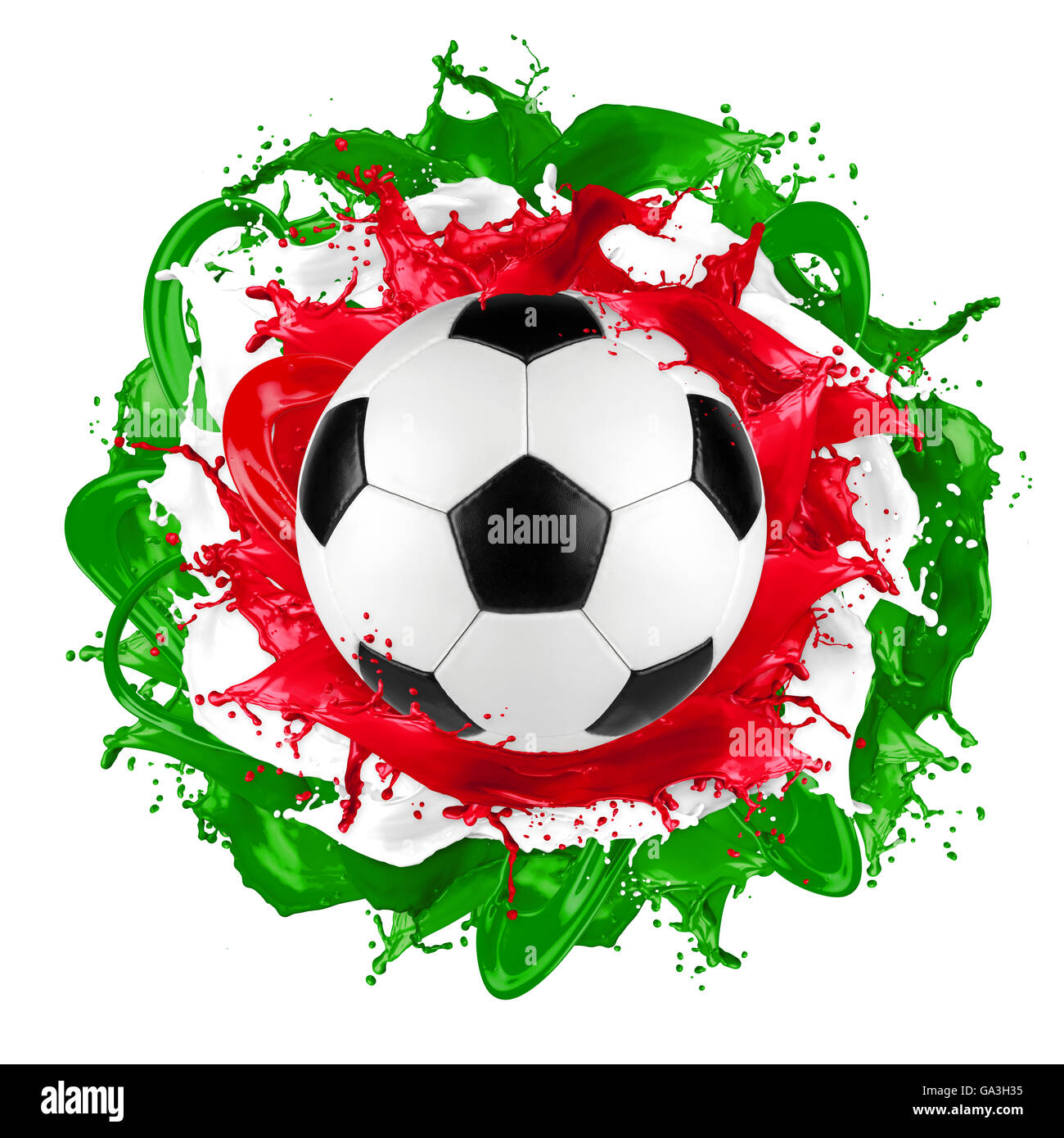 retro soccer ball with romanian flag color splash isolated on white background Stock Photo