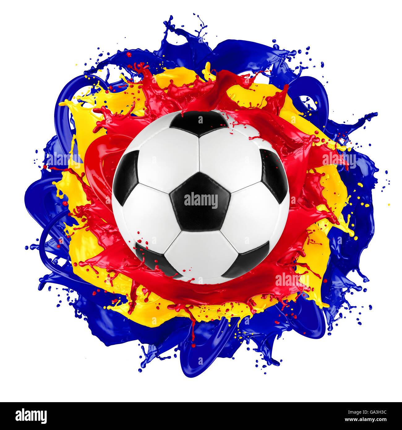retro soccer ball with romanian flag color splash isolated on white background Stock Photo