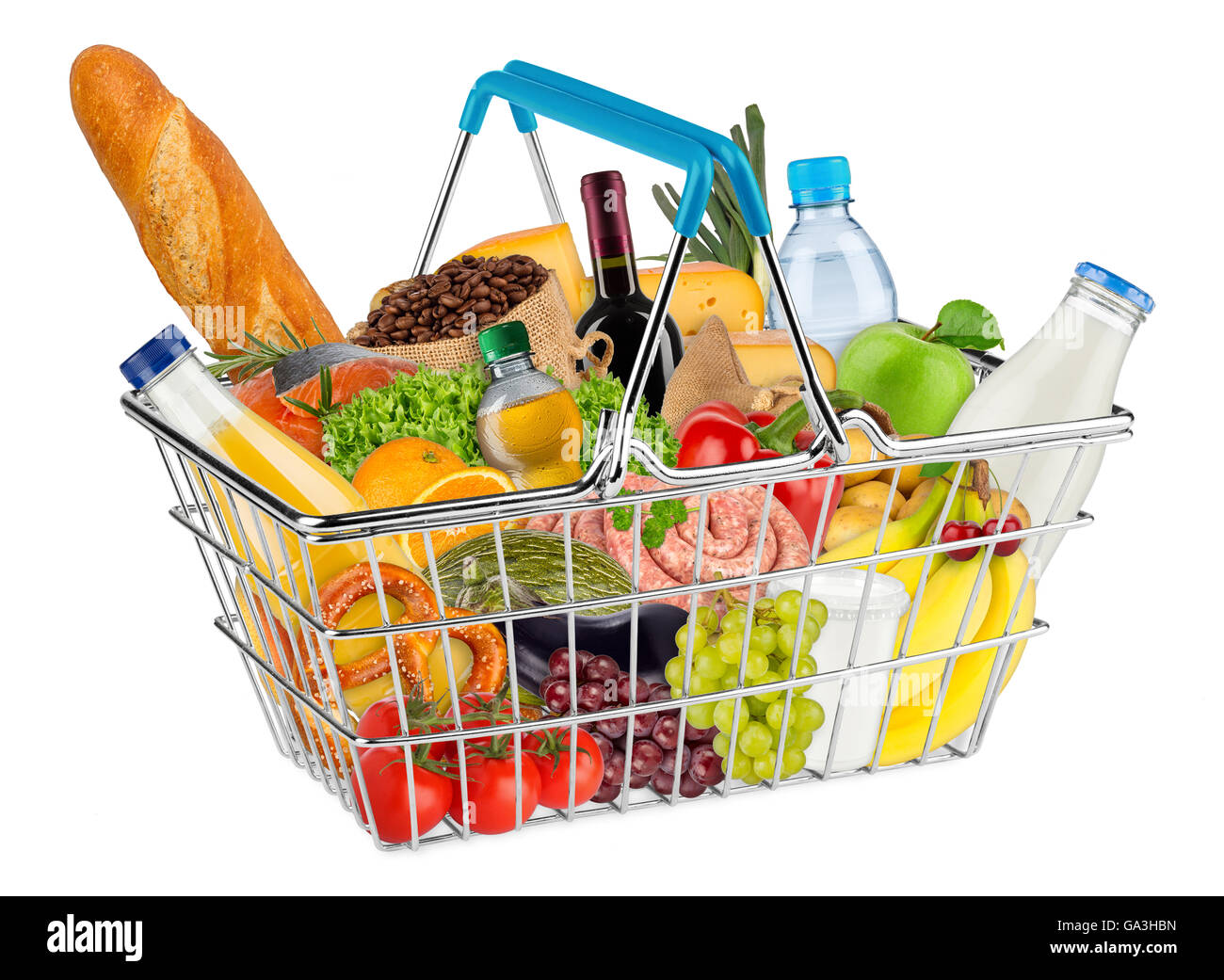 blue shopping basket filled with various food and beverages isolated on white background Stock Photo