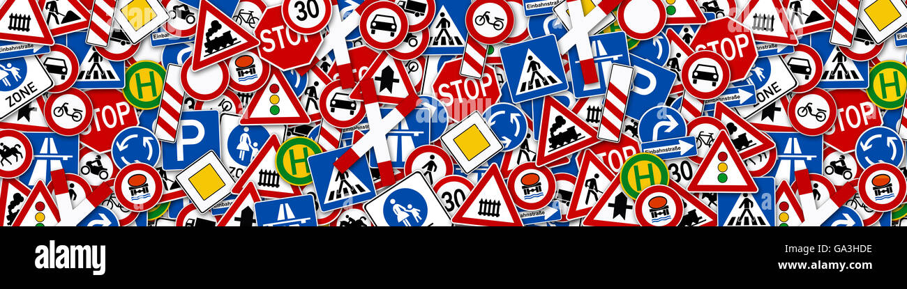 wide background collage of many road sign illustration Stock Photo