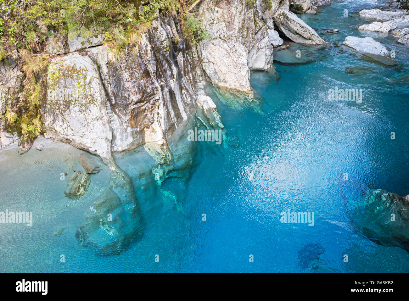 The Blue Pools of Haast Pass, Mount Aspiring National Park, West Coast, South Island, New Zealand Stock Photo