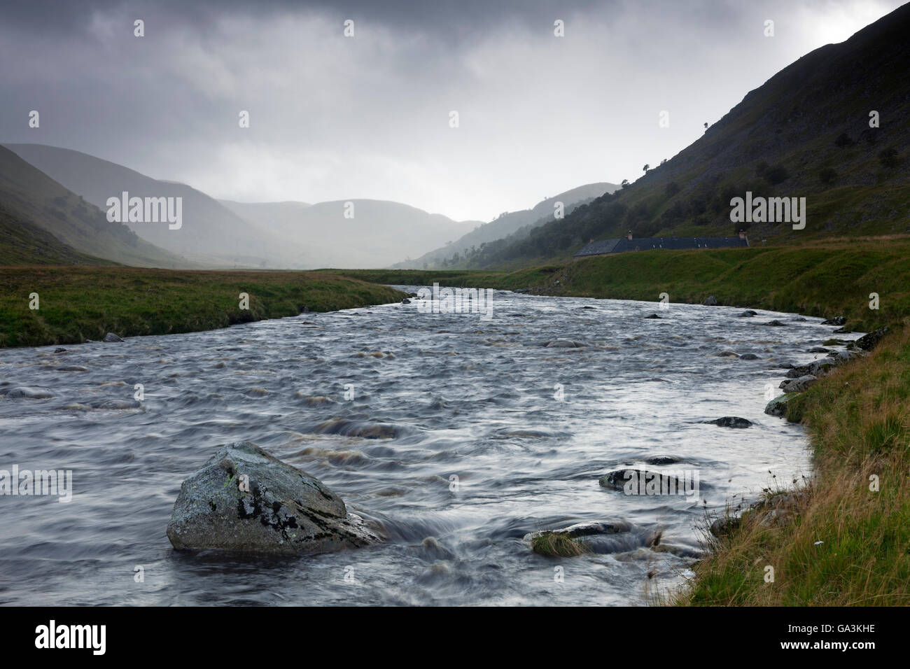 Heavy rain approaching along the Findhorn River, Highlands, Scotland