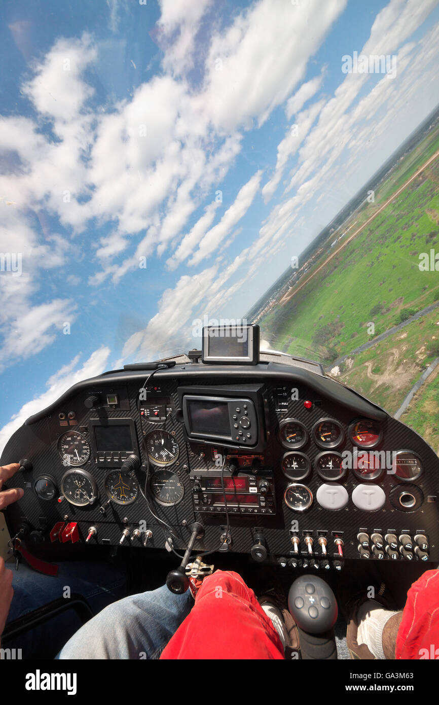 View from the cocpit of a small plane on final landing Stock Photo