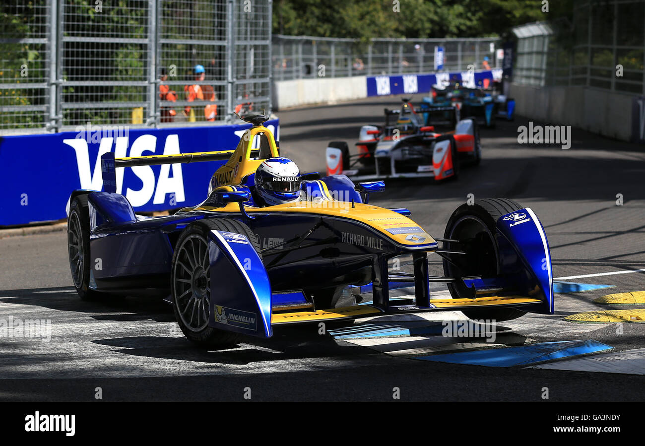 RENAULT e.dams' Nicolas Prost during round nine of the FIA Formula E Championship at Battersea Park, London. PRESS ASSOCIATION Photo. Picture date: Saturday July 2, 2016. See PA story AUTO Formula E. Photo credit should read: Nigel French/PA Wire. Stock Photo