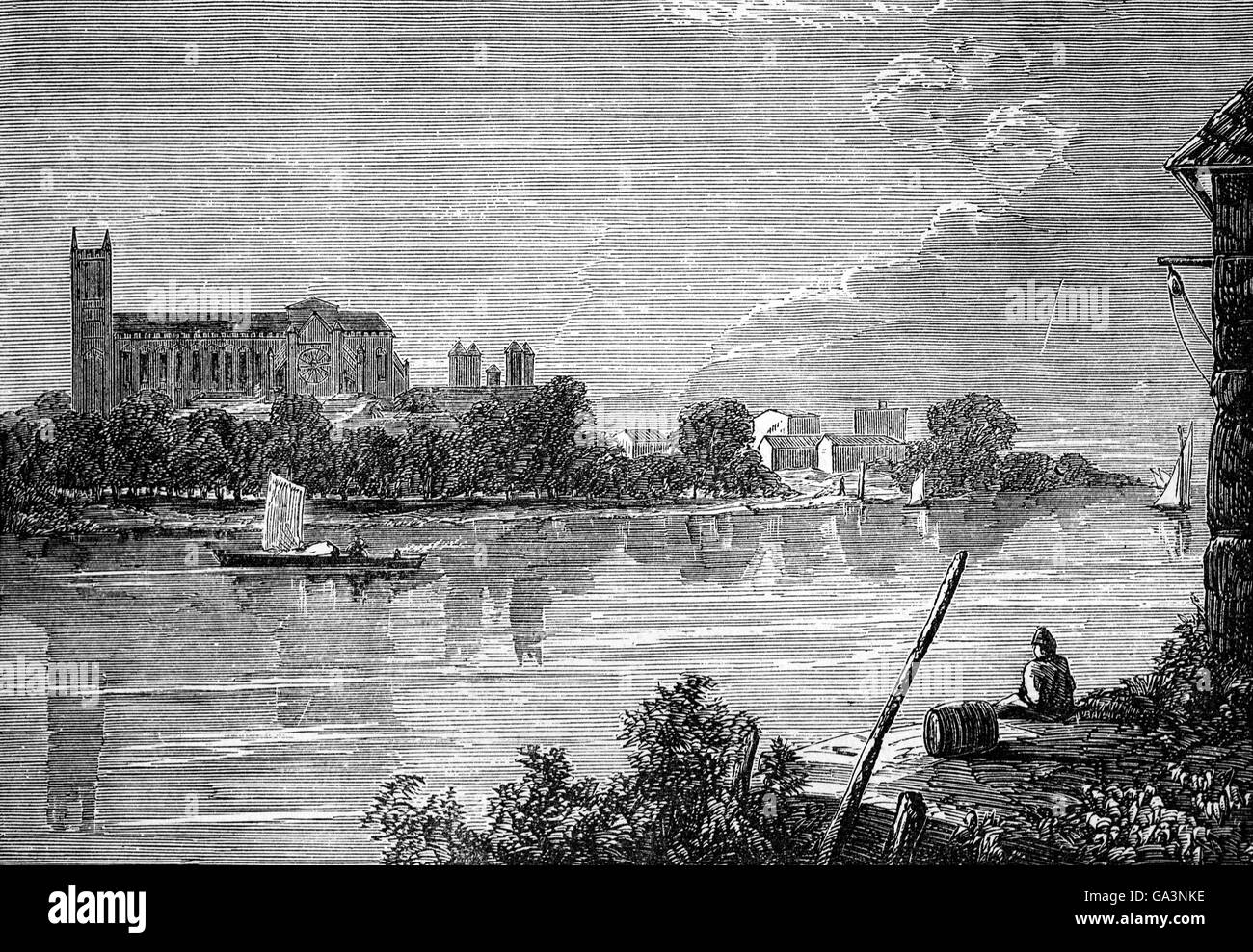 18th Century view of Westminster viewed from across the River Thames during the reign of Queen Anne, London, England Stock Photo