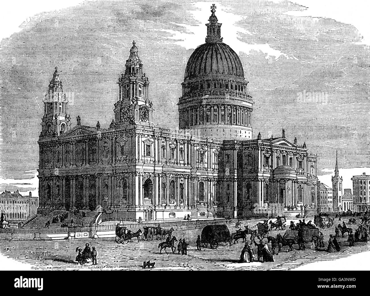 18th Century view of St Paul's Anglican Cathedral, London, the seat of the Bishop of London and the mother church of the Diocese of London. It sits on Ludgate Hill at the highest point of the City of London. Stock Photo