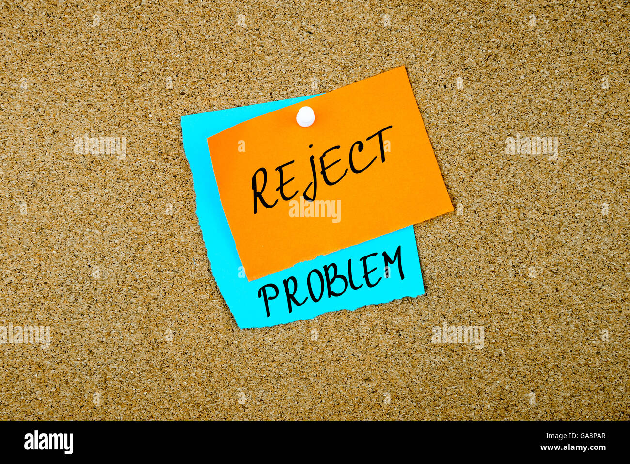 Reject Problem written on paper notes pinned on cork board with white