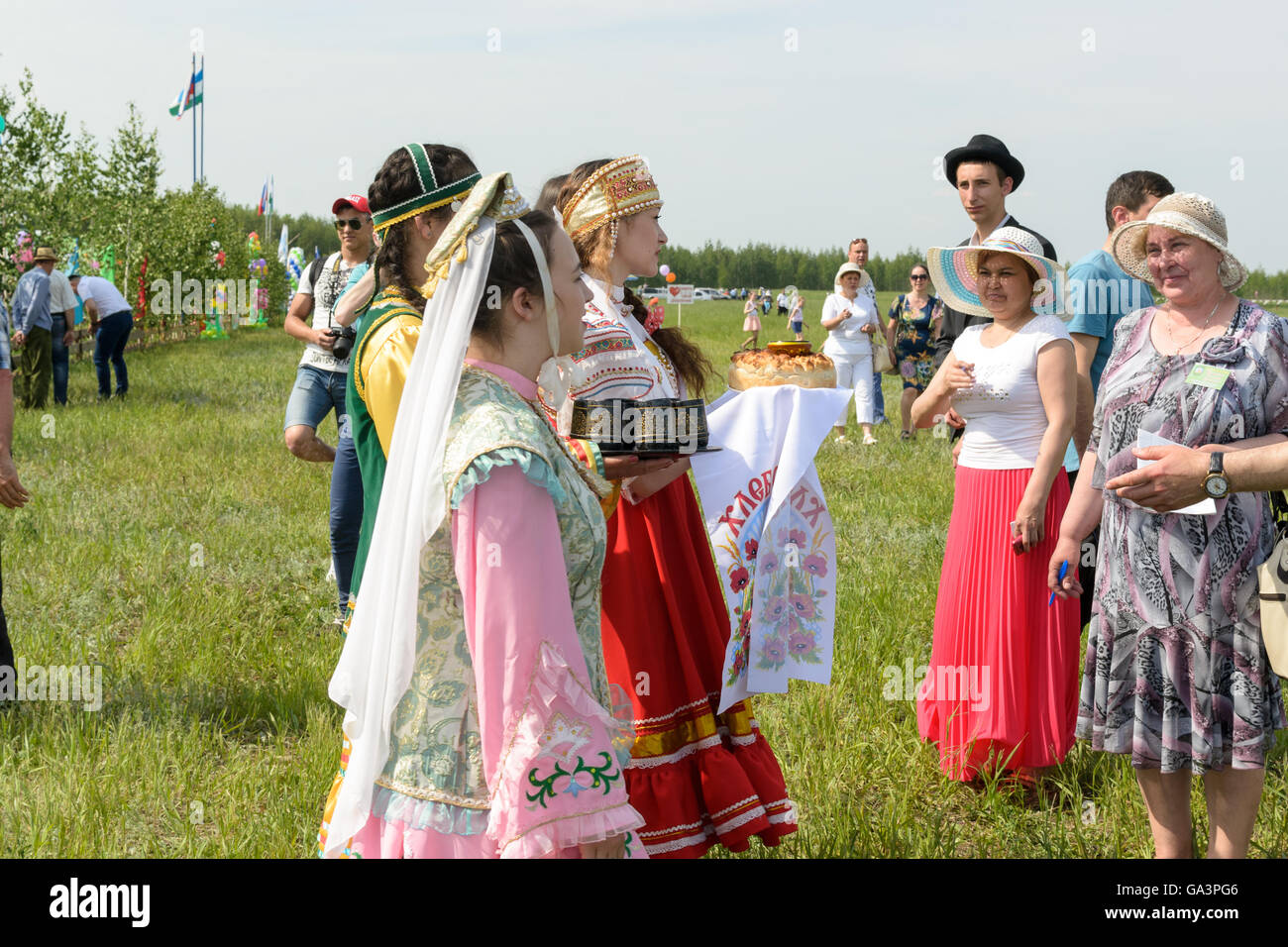 Young Russian Women in Traditional Dress Stock Photo