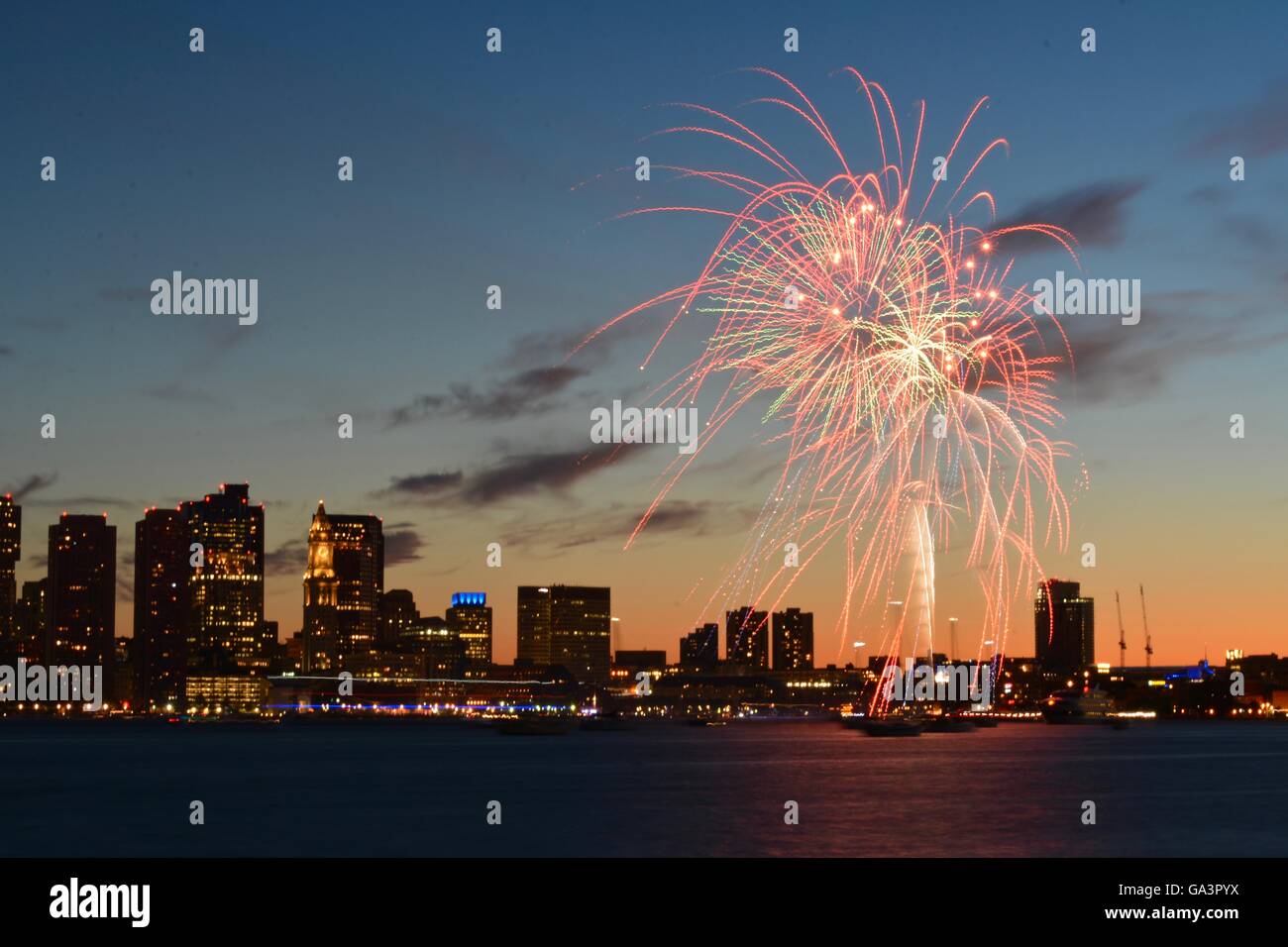 Boston Harborfest Independence Day celebration sunset fireworks show in