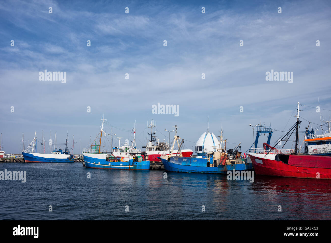 Poland, Pomerania, Hel Town, port with fishing boats, trawlers at Baltic Sea Stock Photo