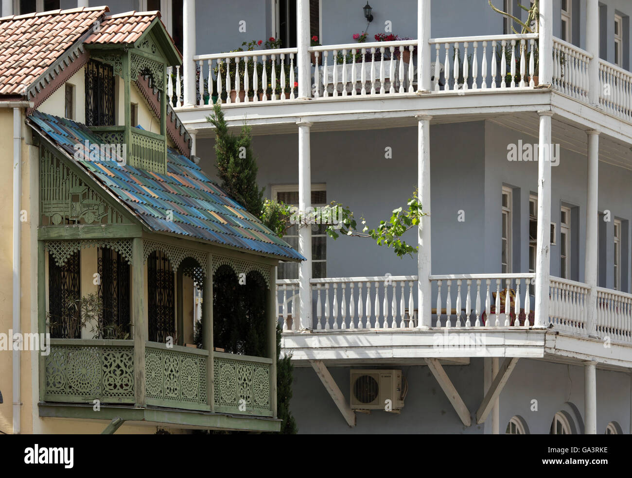 Traditional wooden carving balconies of Old Town of Tbilisi, Georgia Stock Photo