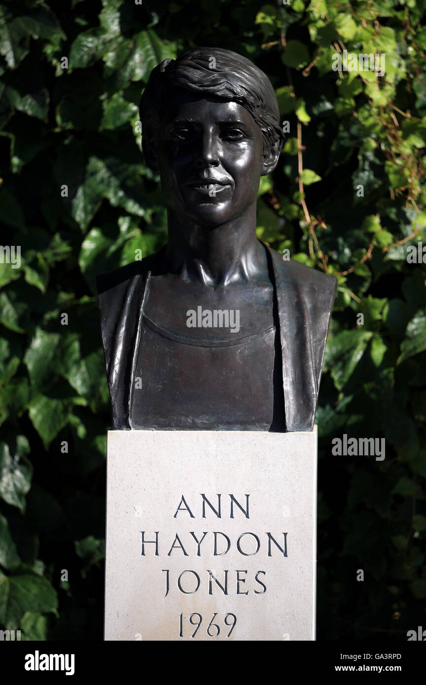 A Statue of former player Ann Haydon Jones outside centre court on day