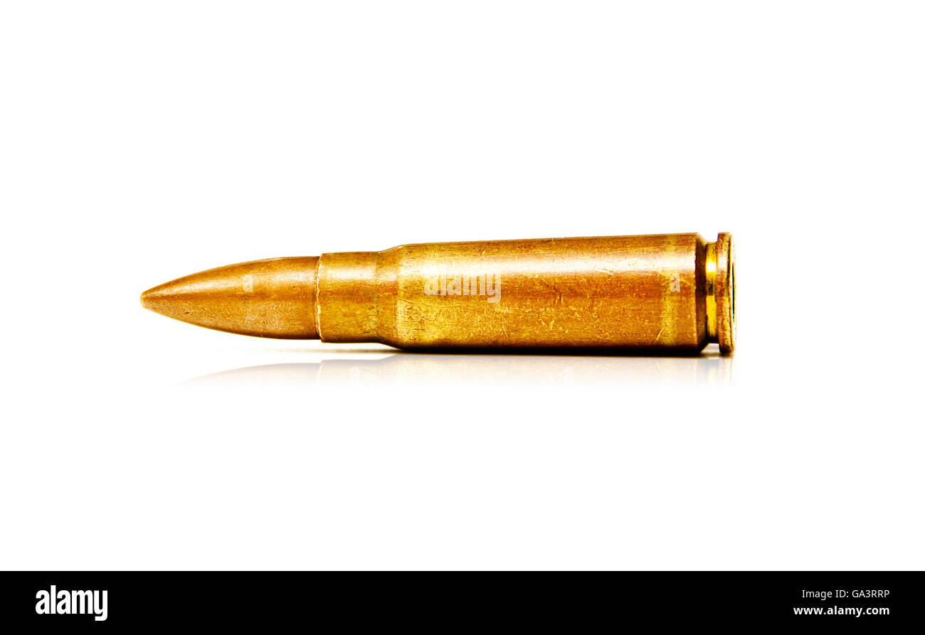 7.62x39mm Old Assault Rifle Bullets Isolated on White Background Stock Photo