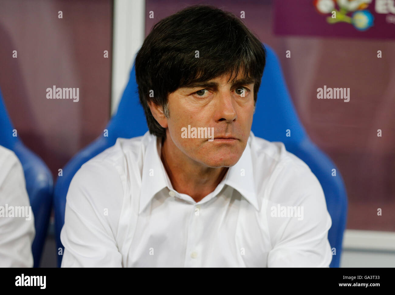 Head coach of Germany national football team Joachim Low looks on during UEFA EURO 2012 game against Denmark at Lviv Arena Stock Photo