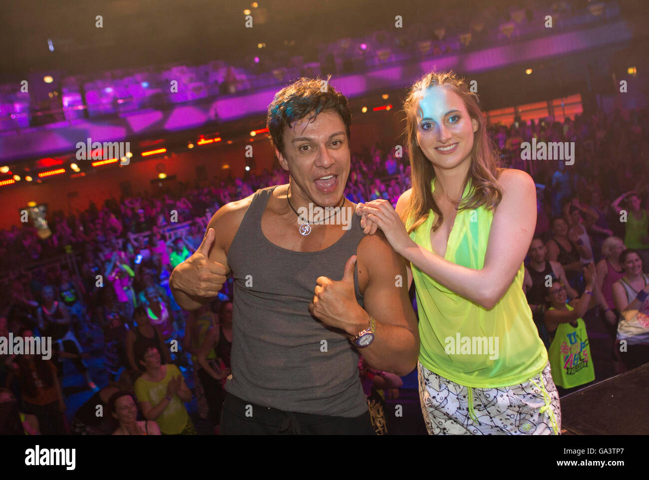 Zumba creator Beto Perez and TV personality Rosie Fortescue on stage at an evening party to celebrate an evening party to celebrate the end of a Zumba fitness masterclass session, choreographed by Beto Perez, at the UK Instructor Academy at the Troxy in east London. Stock Photo