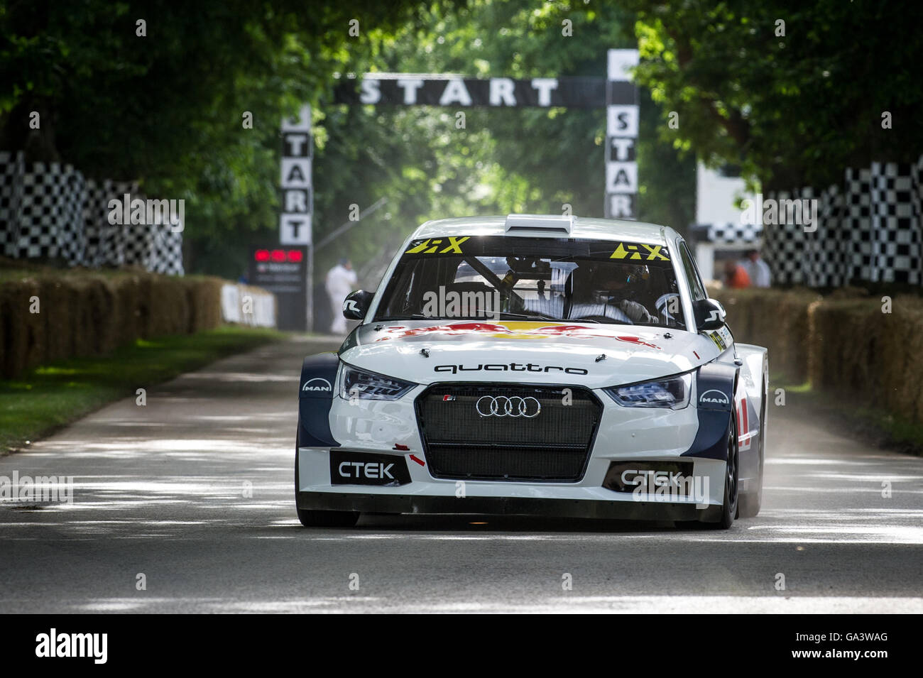 Andrew Jordan drives the Audi S1 EKS RX Rallycross car up the hill at the Goodwood Festival of Speed 2016 Stock Photo