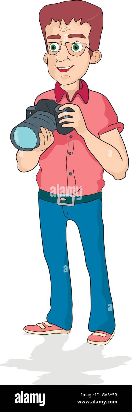 Smiling photographer holding camera on white background Stock Vector ...