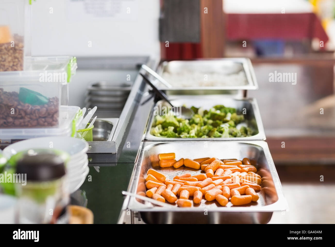 Lunch service station in school cafeteria Stock Photo
