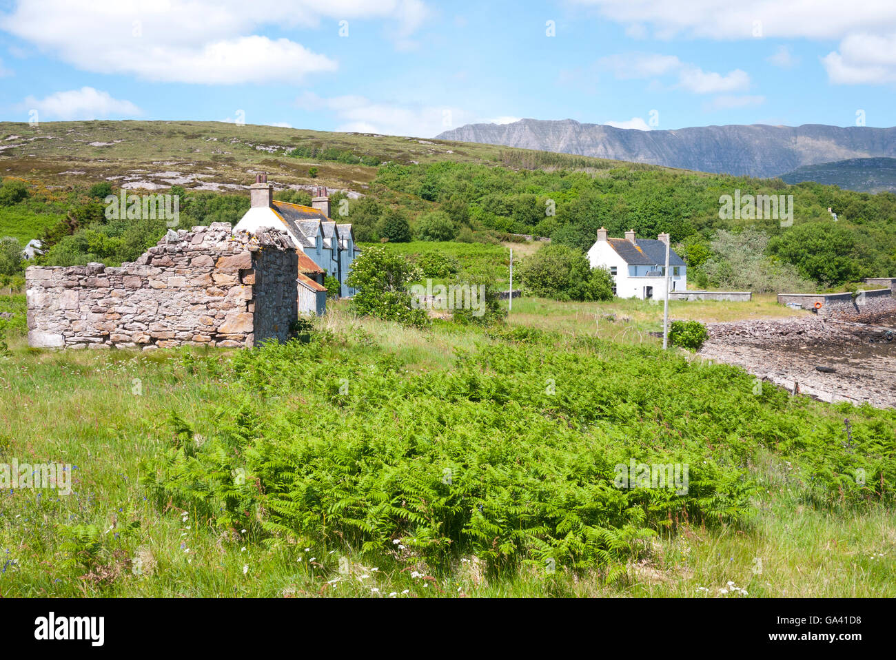 Deserted Crofts on Isle Martin,Loch Kanaird, Highlands, Scotland, UK Stock Photo
