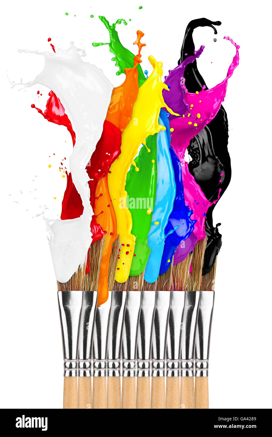 colorful color splashes paintbrush row isolated on white background Stock Photo