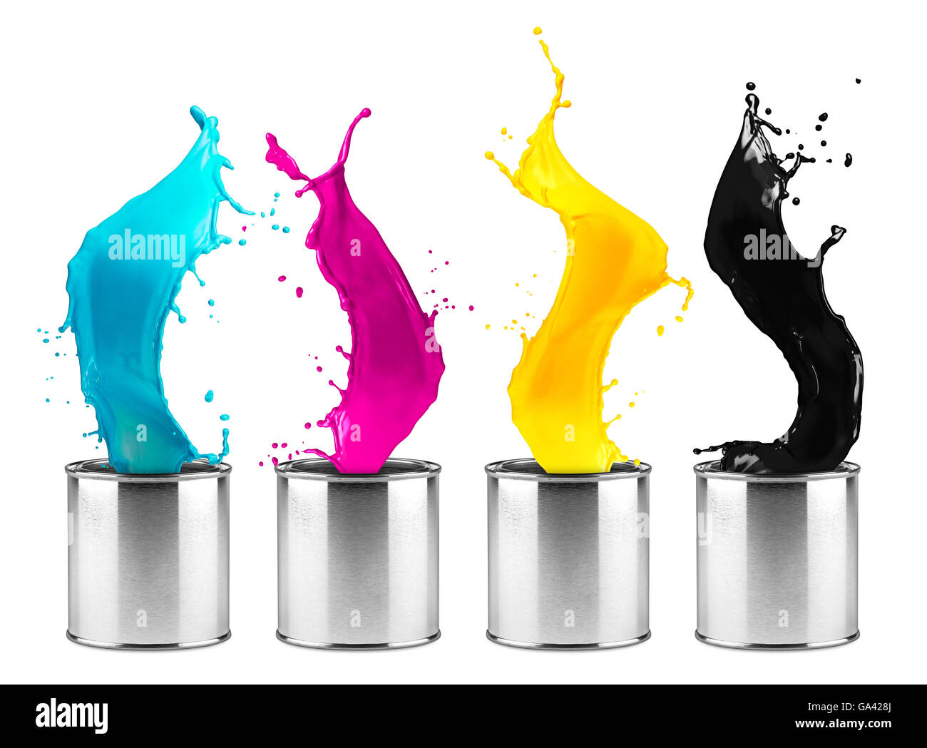 colorful CMYK color dose splash row isolated on white background Stock Photo